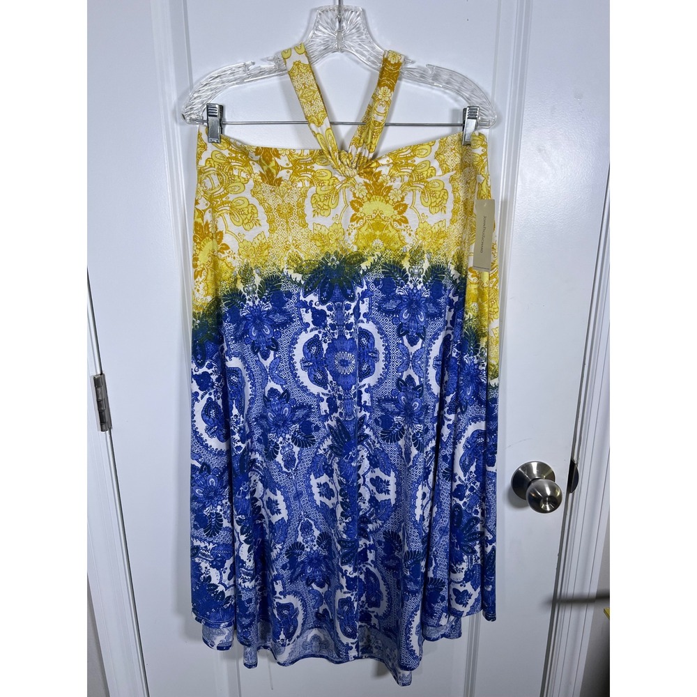 John Paul Richard Womens Halter Top Yellow Blue Damask Floral Large NWT